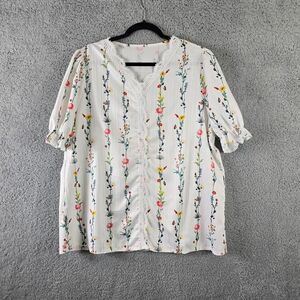 Womens Floral Lace Trim Top Colorful Boho Country Coastal Semi Sheer Blouse